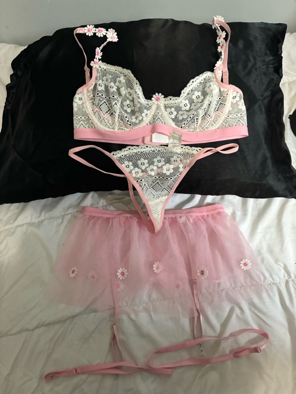 Sheer Lace Bralette & Garter Skirt Set - Pink